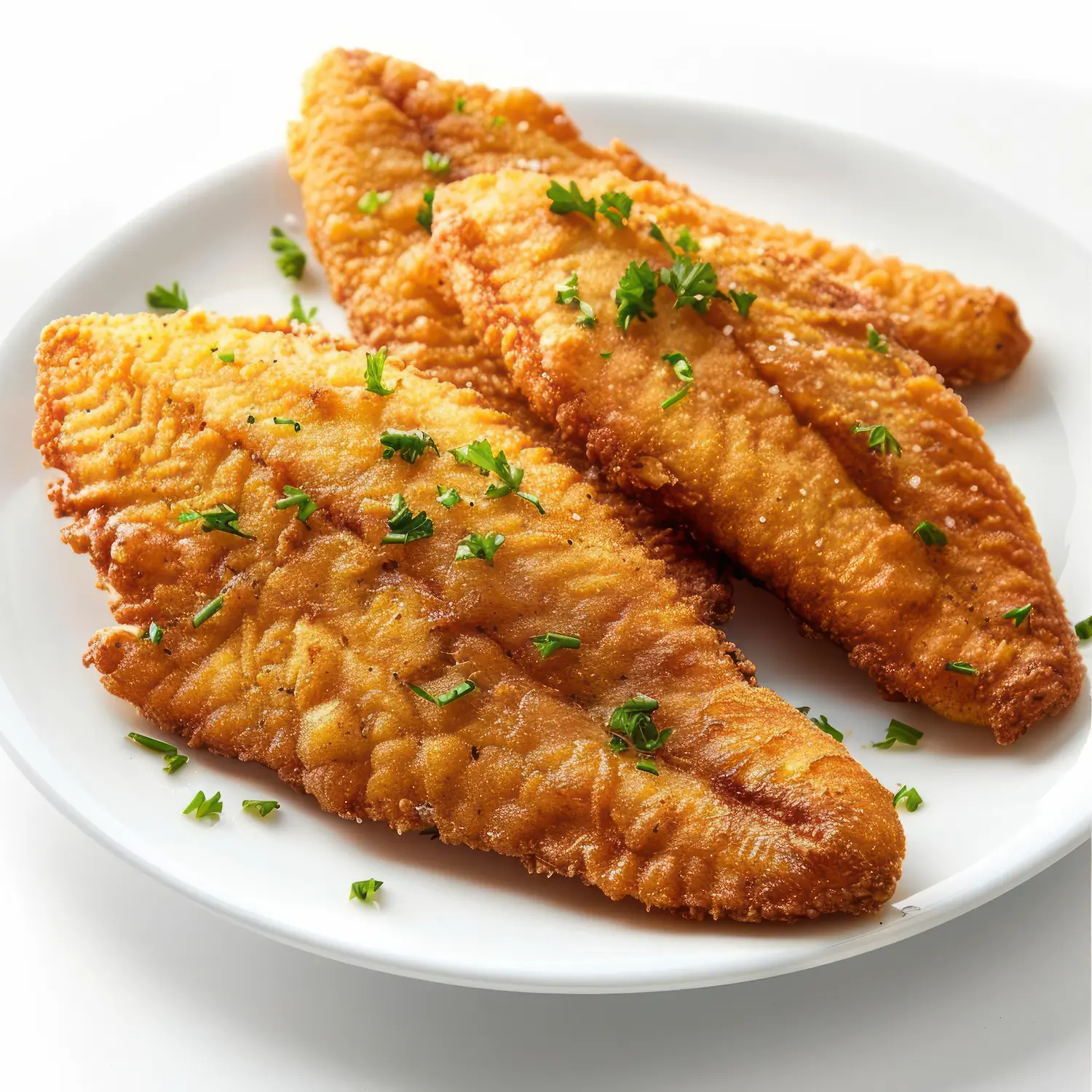 Golden fried fish fillets with parsley and dill garnish